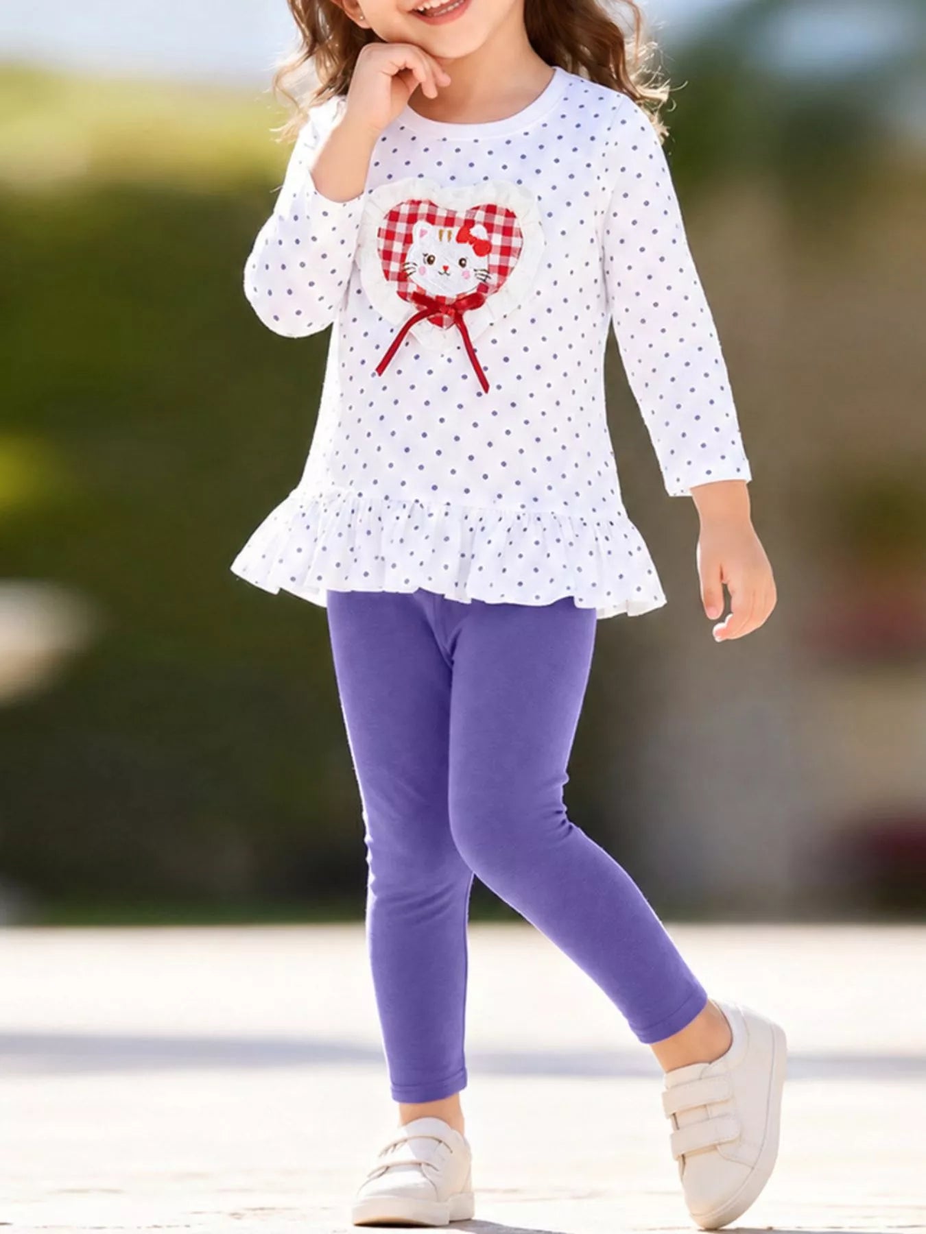 Children's Cat Polka Dot Peplum Top and Solid Leggings Set