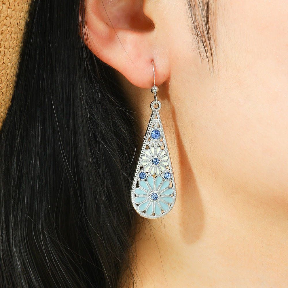 Metal Earrings Water-drop-shaped With Small Daisies Oil-drip Style