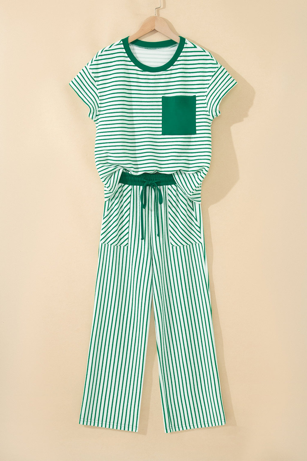 Green Stripe Crew Neck Tee Drawstring Waist Cropped Pants Set