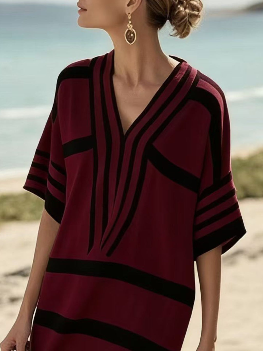 Striped Half Sleeve Midi Dress