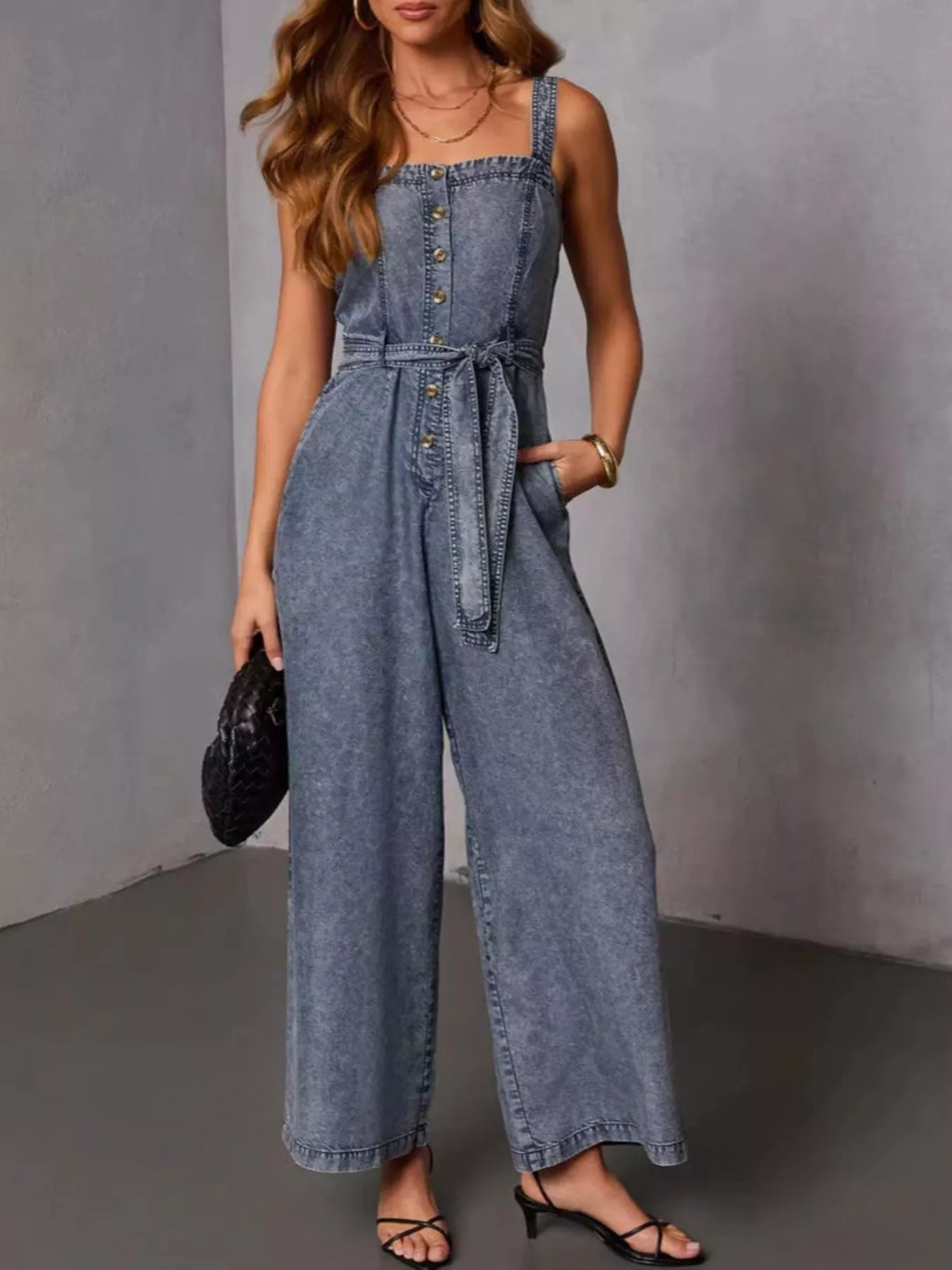 Belted Waist Wide Leg Denim Jumpsuit