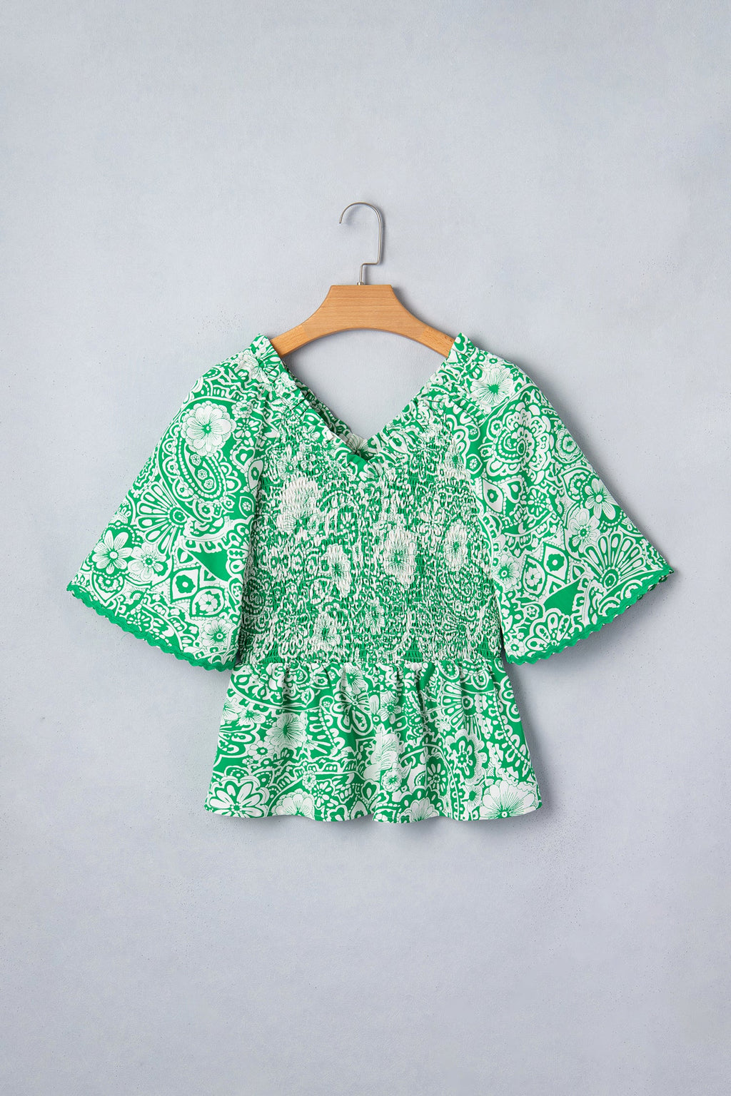 Green Flirty Floral Smocked V Neck Blouse