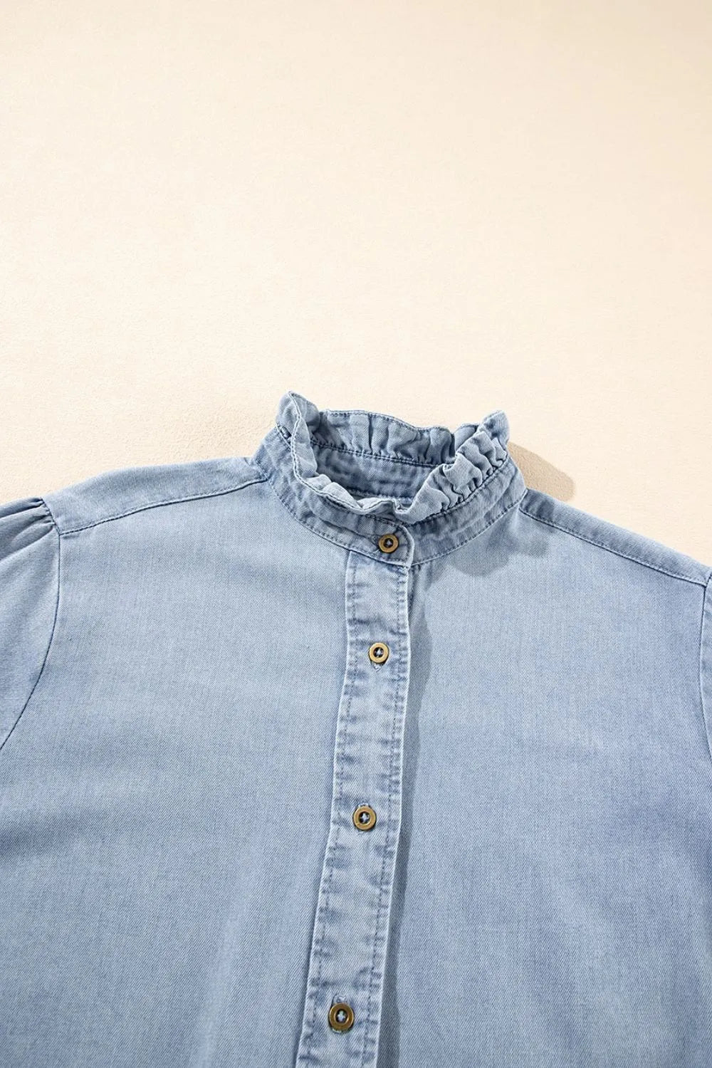 Ruffle Short Puff Sleeve Button Down Denim Shirt