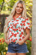 Red Floral Print Ruffled Puff Sleeve Elegant Summer Shirt