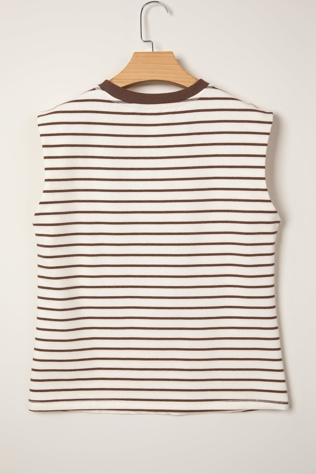 Brown Stripe Ribbed Round Neck Trim Loose Tank Top
