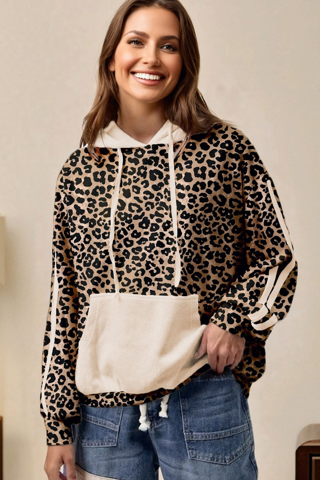 Leopard Waffle Knit Kangaroo Pocket Hooded Sweatshirt