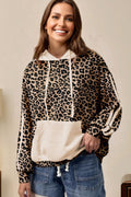 Leopard Waffle Knit Kangaroo Pocket Hooded Sweatshirt