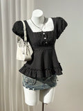 Polka Dot Square Neck Puff Sleeve Peplum Blouse