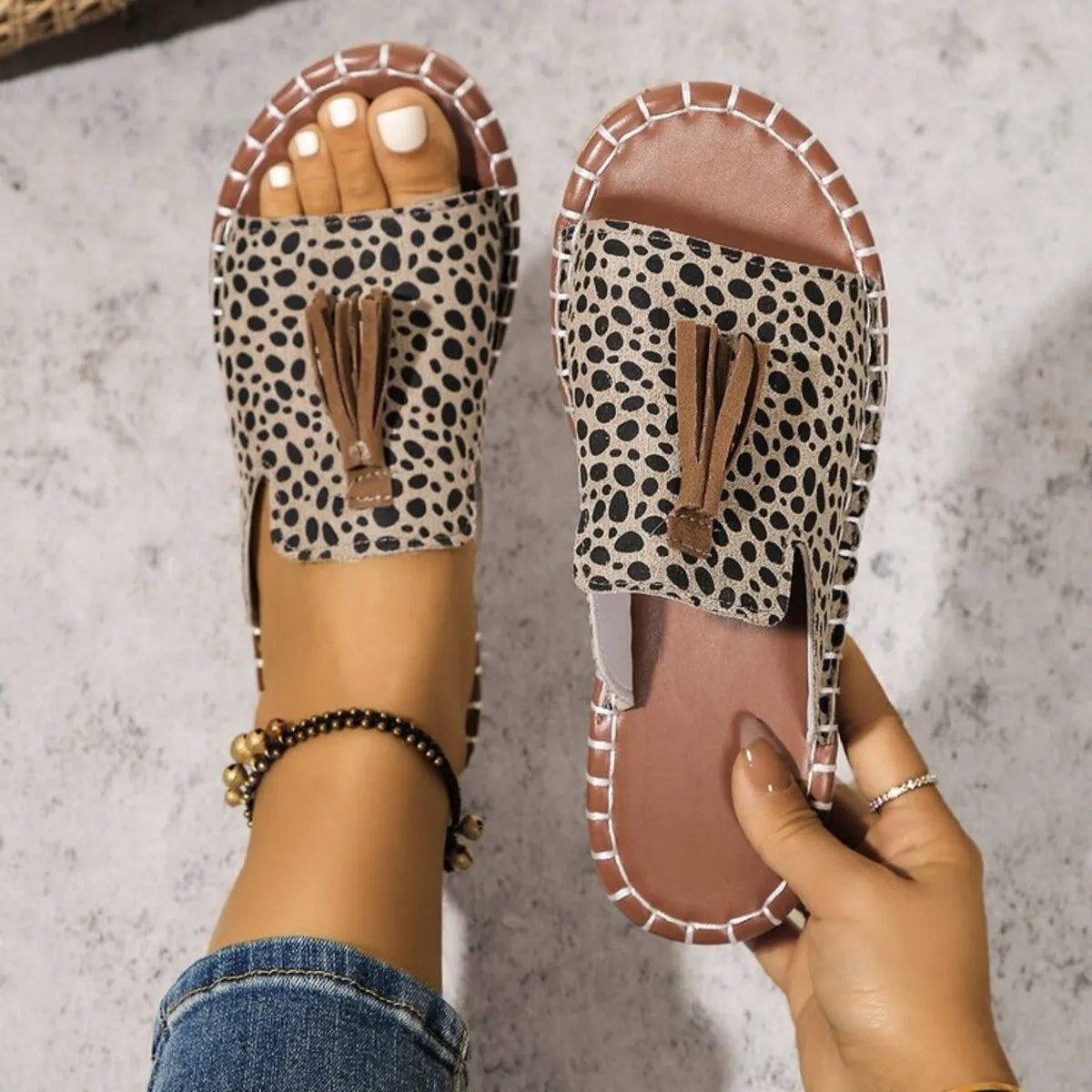 Leopard Print Tassel Flat Sandals