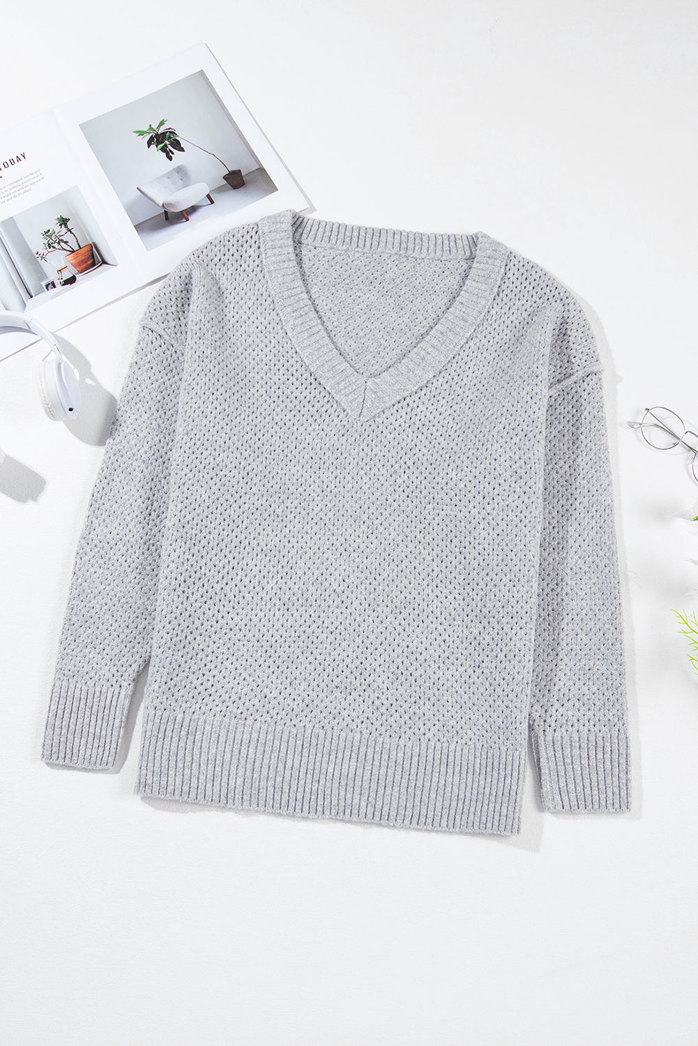 Solid Eyelet V-Neck Drop Shoulder Sweater