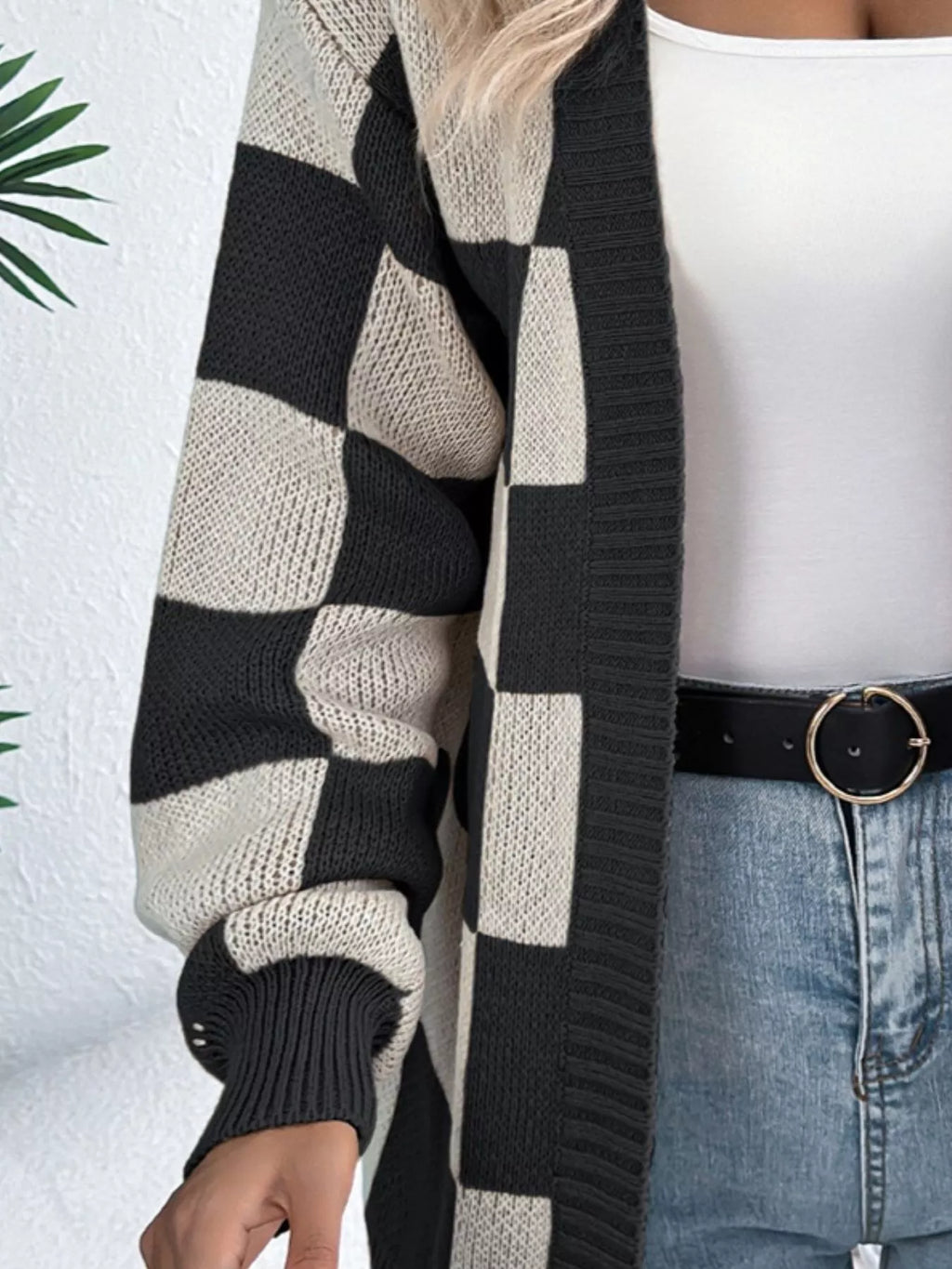 Checkerboard Pattern Open Front Knit Cardigan