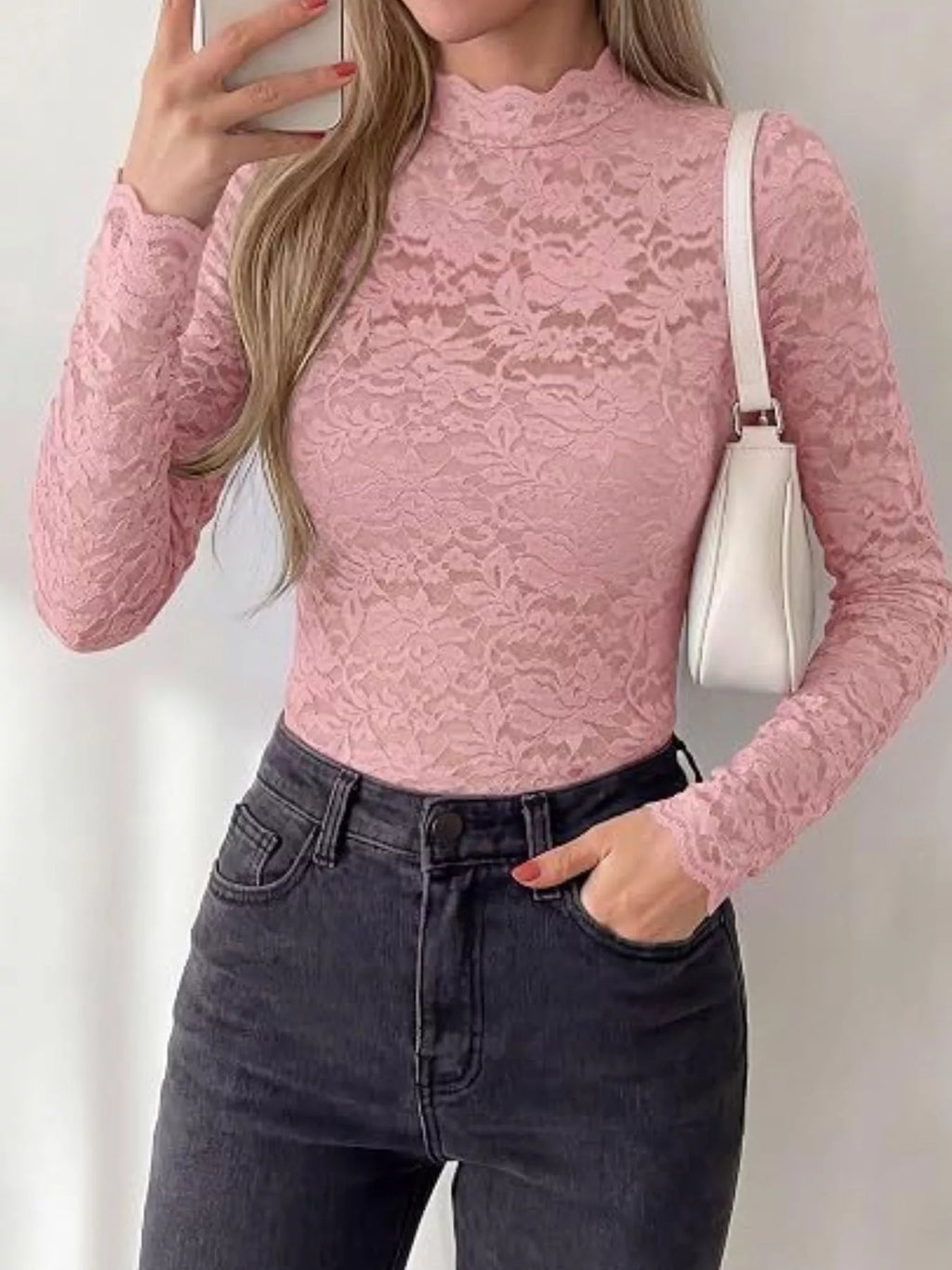 Lace Mock Neck Long Sleeve Top