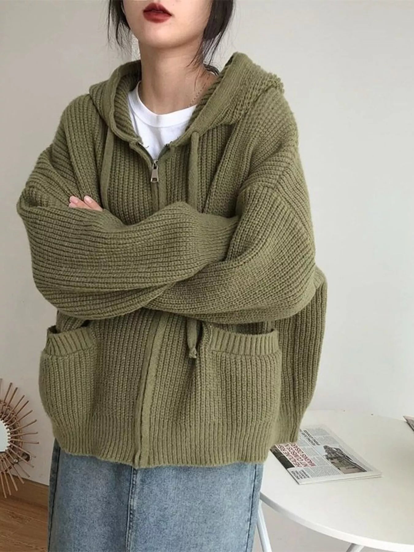 Casual Knitted Zip-Up Hooded Cardigan