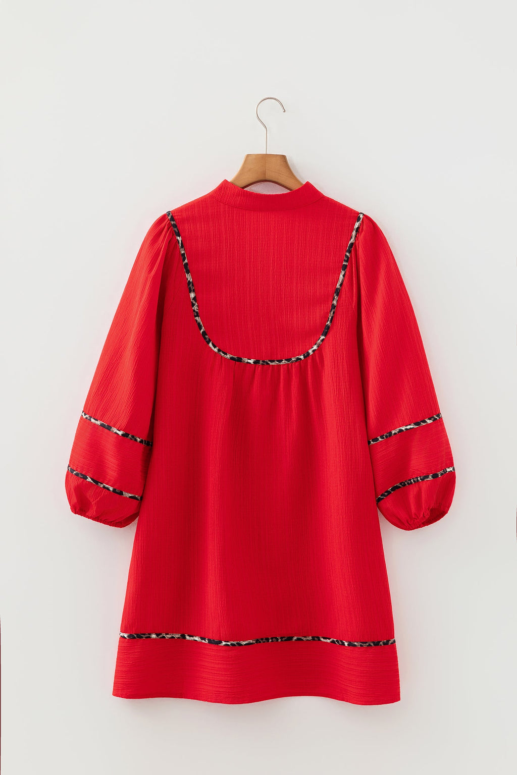 Fiery Red Textured V Neck Leopard Contrasted Trim Long Sleeve Shift Mini Dress