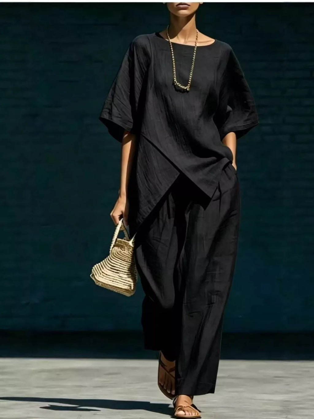 Full Size Asymmetric Top and Wide-Leg Pants Set Plus Size