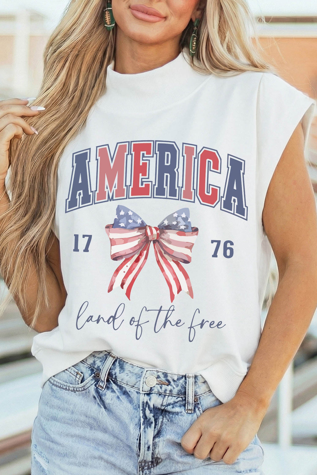 White Patriotic Slogan America Flag Print Mock Neck Tee