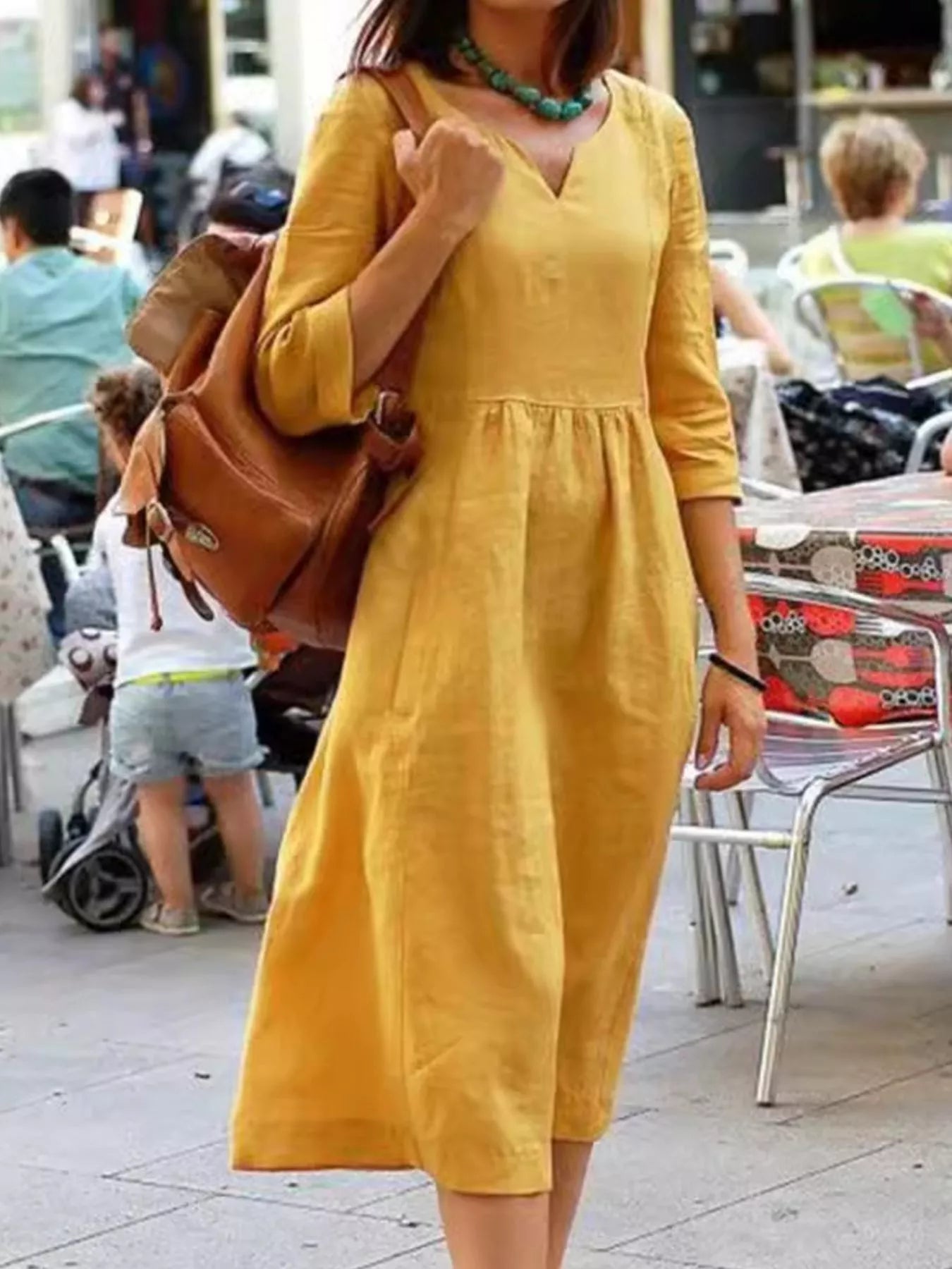 Full Size Notched 3/4 Sleeve Midi Dress Plus Size