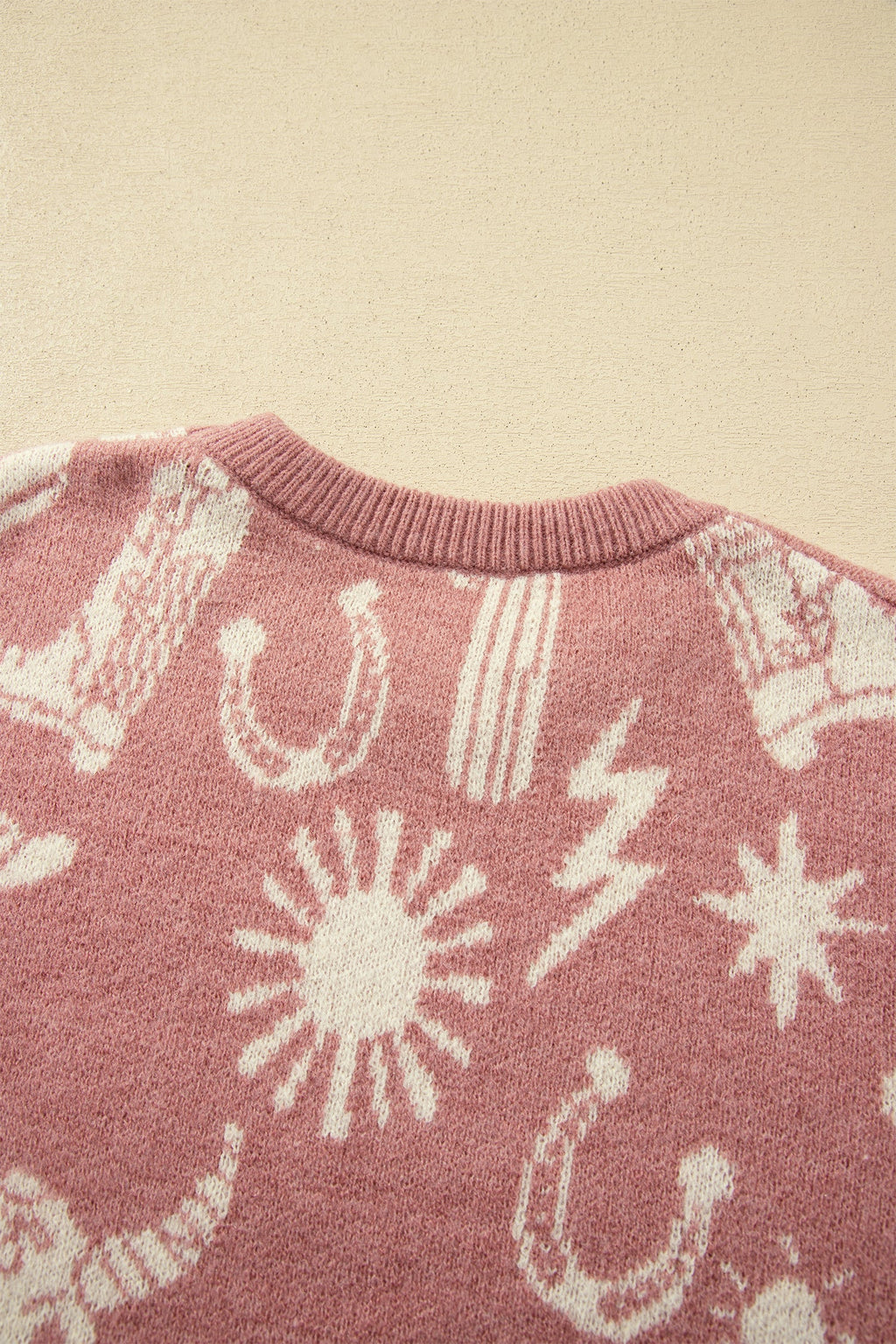Peach Blossom Western Print Drop Shoulder Round Neck Long Sleeve Sweater
