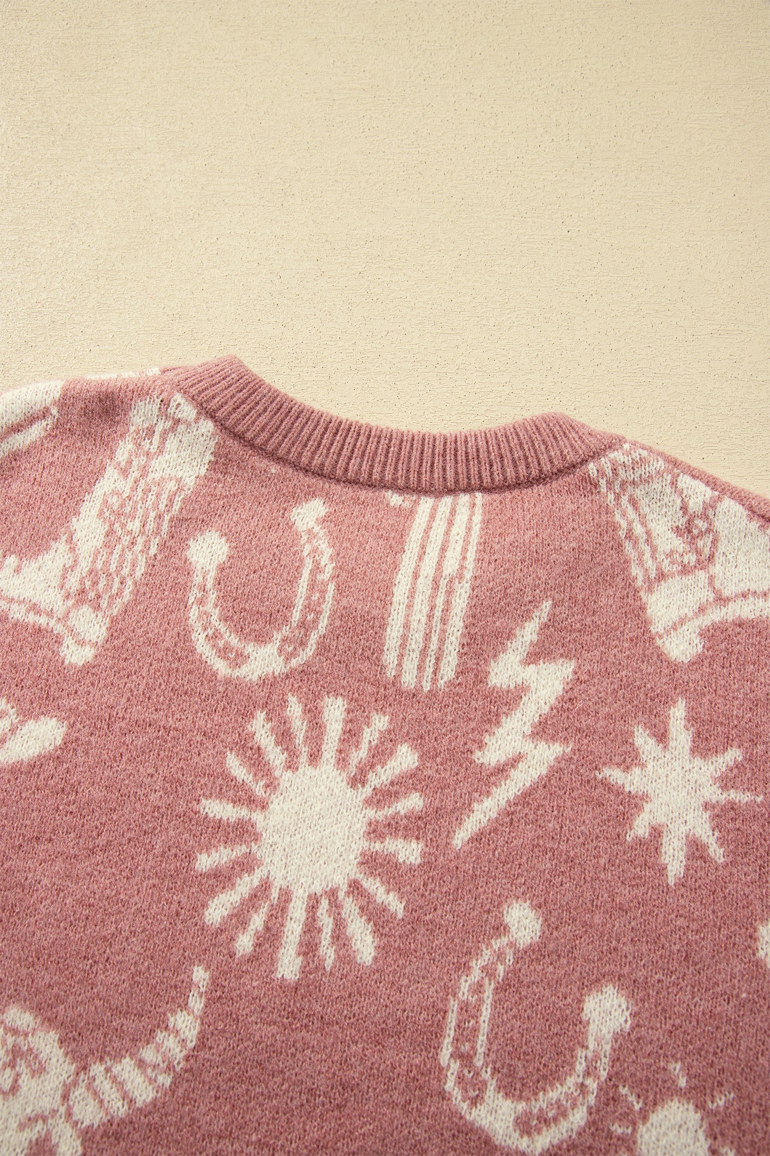 Peach Blossom Western Print Drop Shoulder Round Neck Long Sleeve Sweater