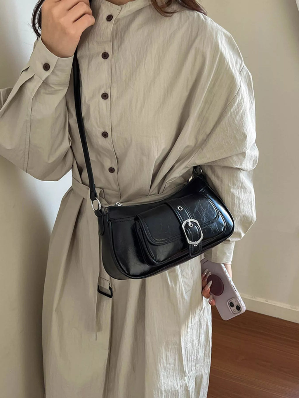 Buckle Detail Faux Leather Crossbody Bag