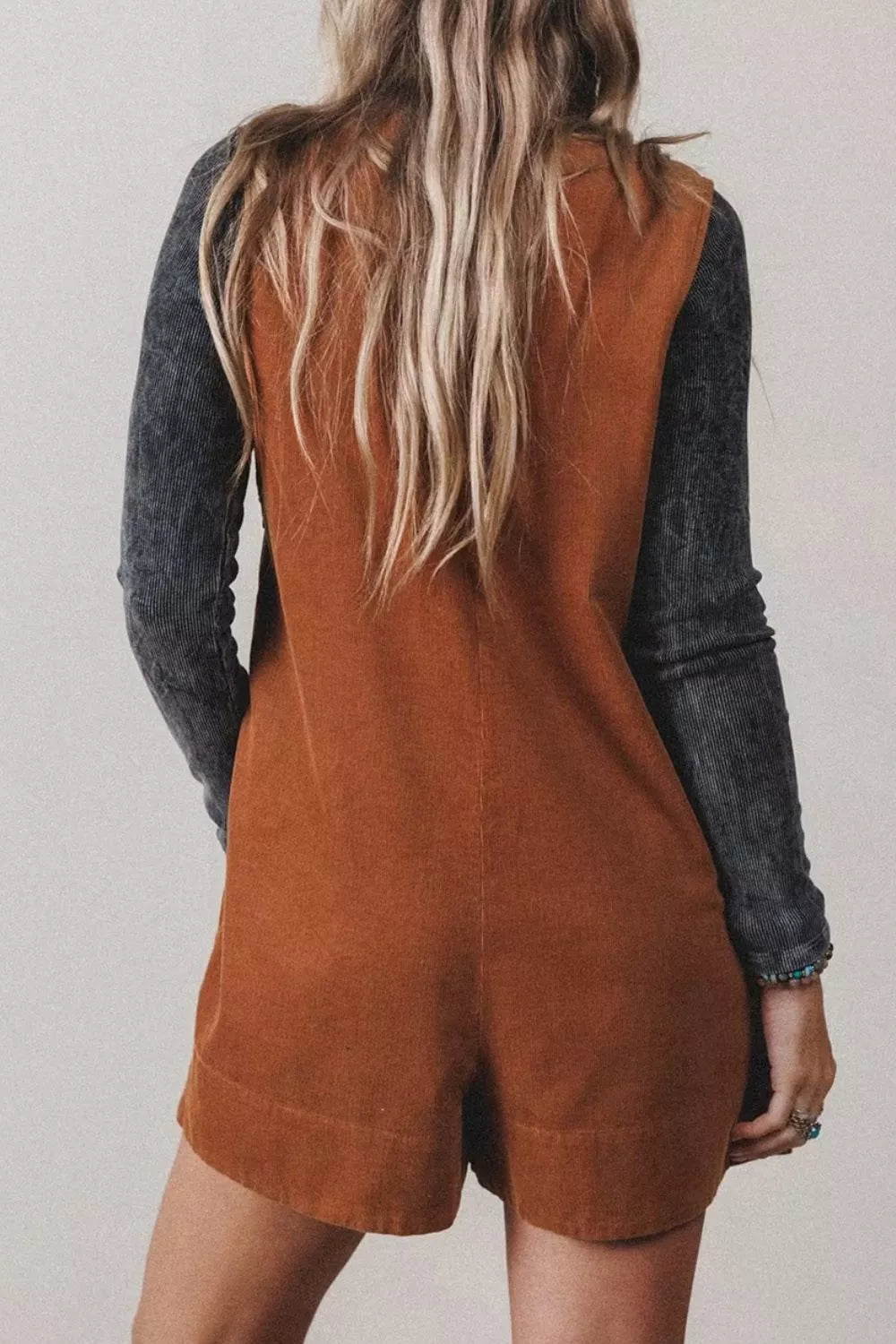 Solid Color Tie V Neck Sleeveless Corduroy Romper