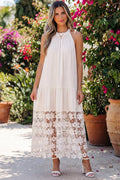 Beige Sheer Hollowed Floral Lace Hem Patchwork Loose Halter Summer Dress