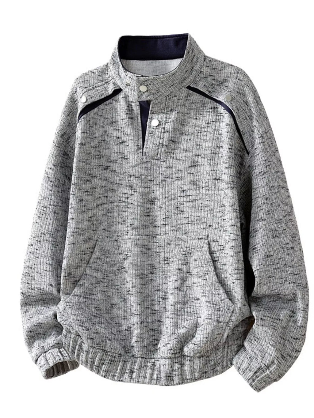Men's Plus Size Stand Collar Textured Sweatshirt with Kangaroo Pocket