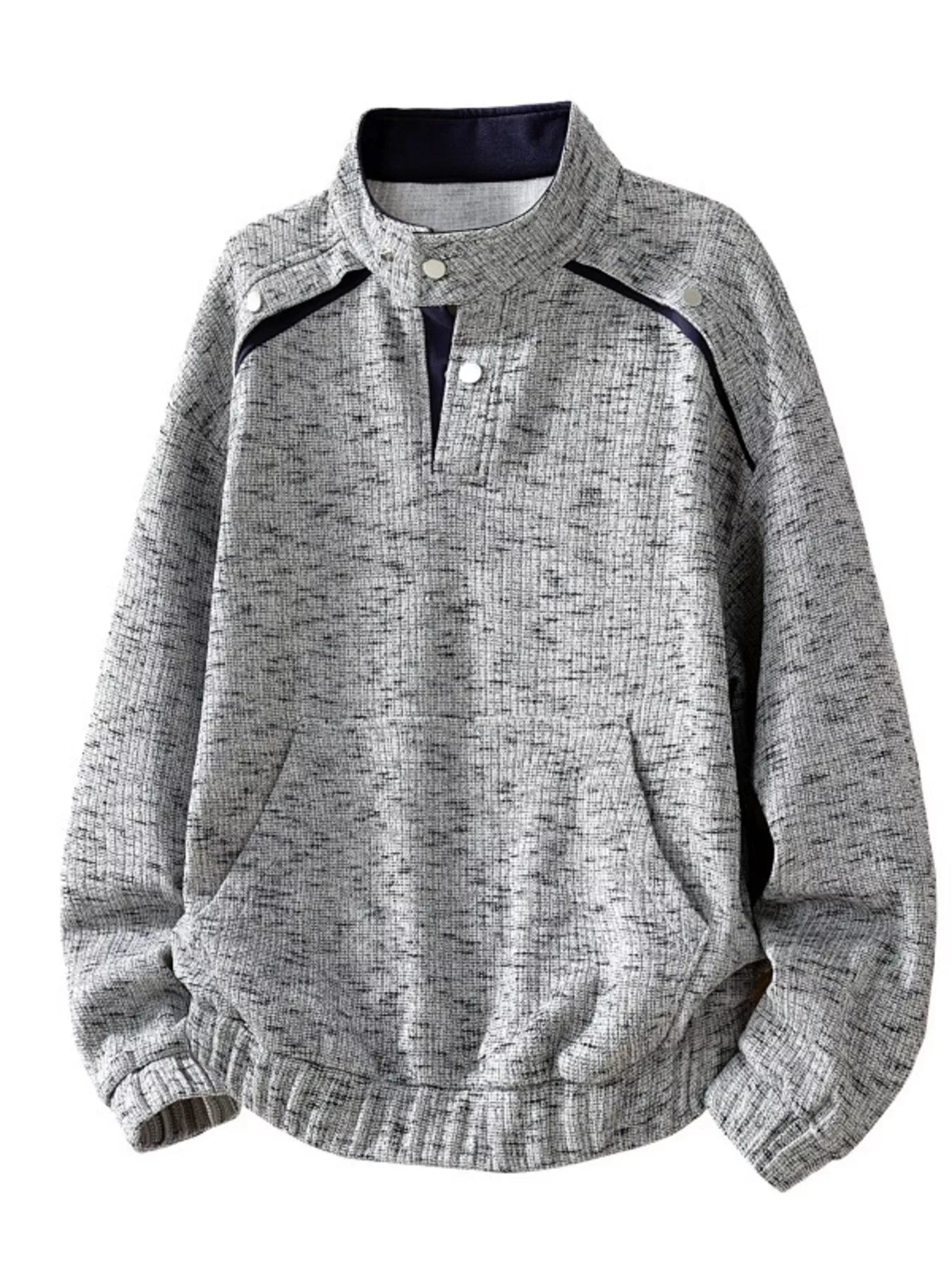 Men's Plus Size Stand Collar Textured Sweatshirt with Kangaroo Pocket