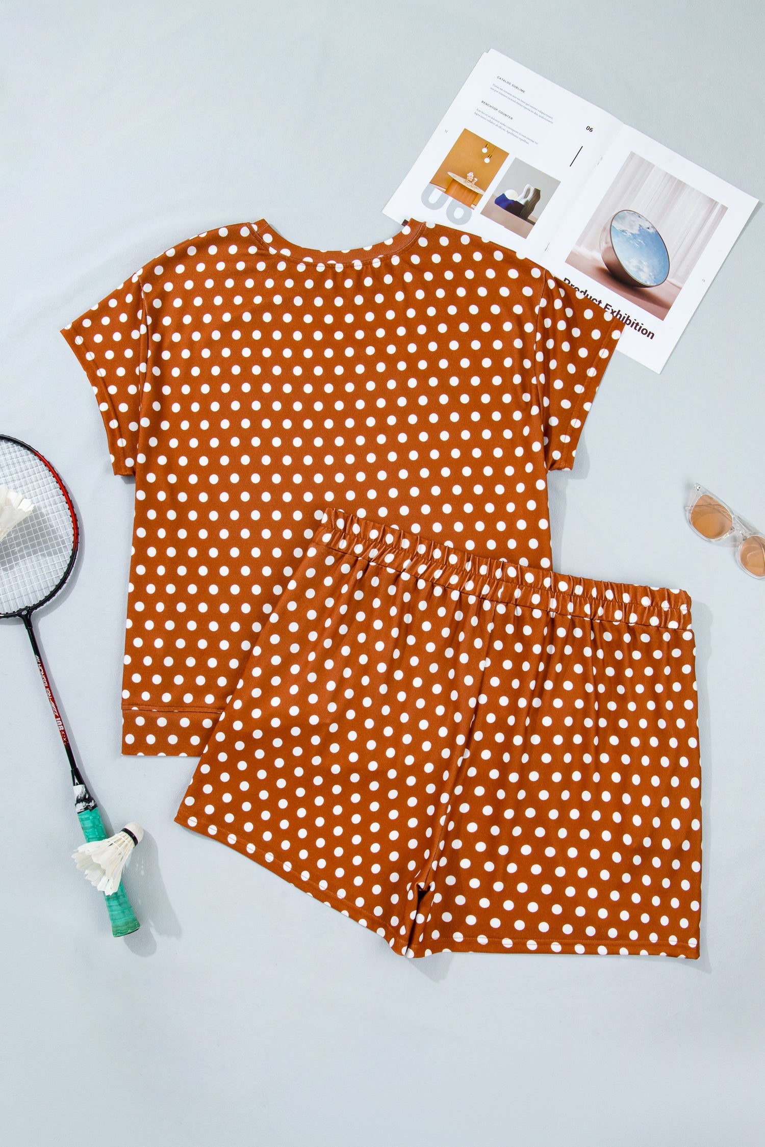 Brown Polka Dot Print Dropped Shoulder Tee Plus Size Short Set