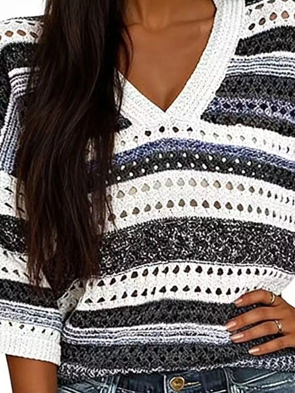 Chic Striped Crochet Knit Top