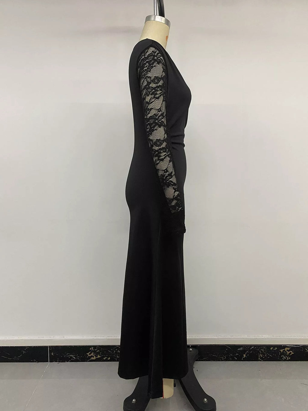 One-Shoulder Lace Sleeve Maxi Dress