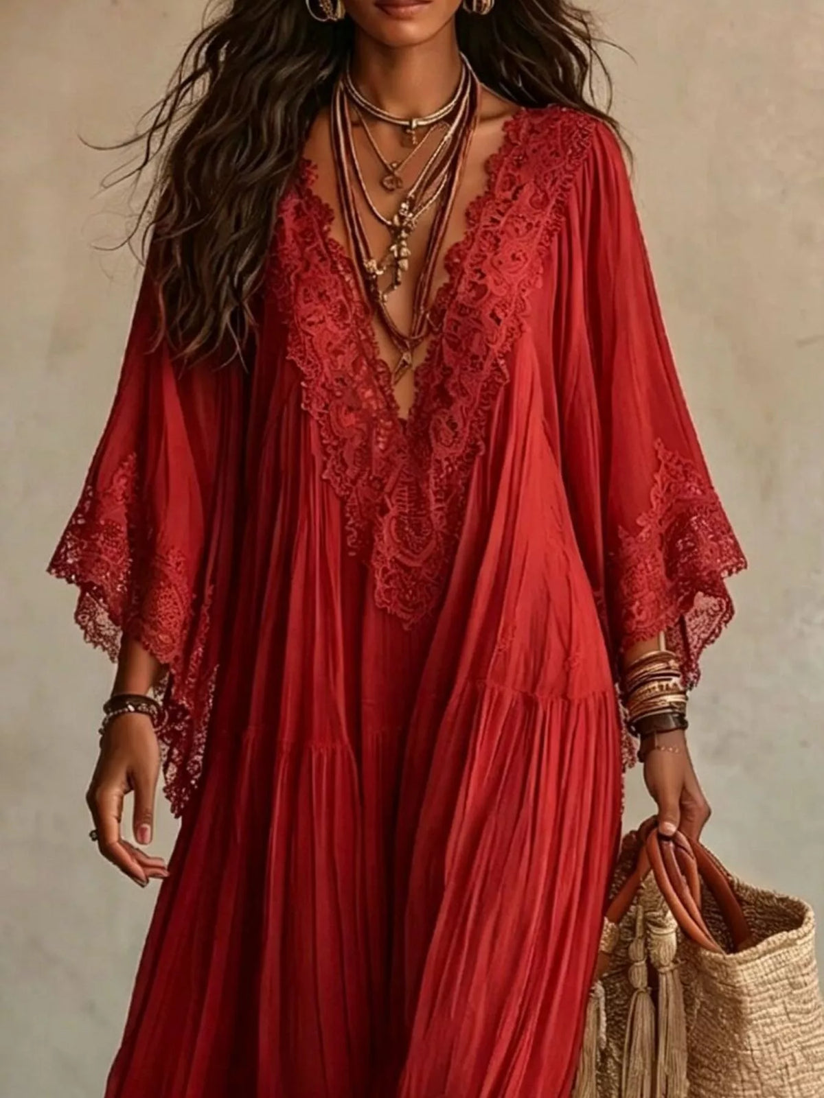 Lace Trim V-Neck Maxi Dress