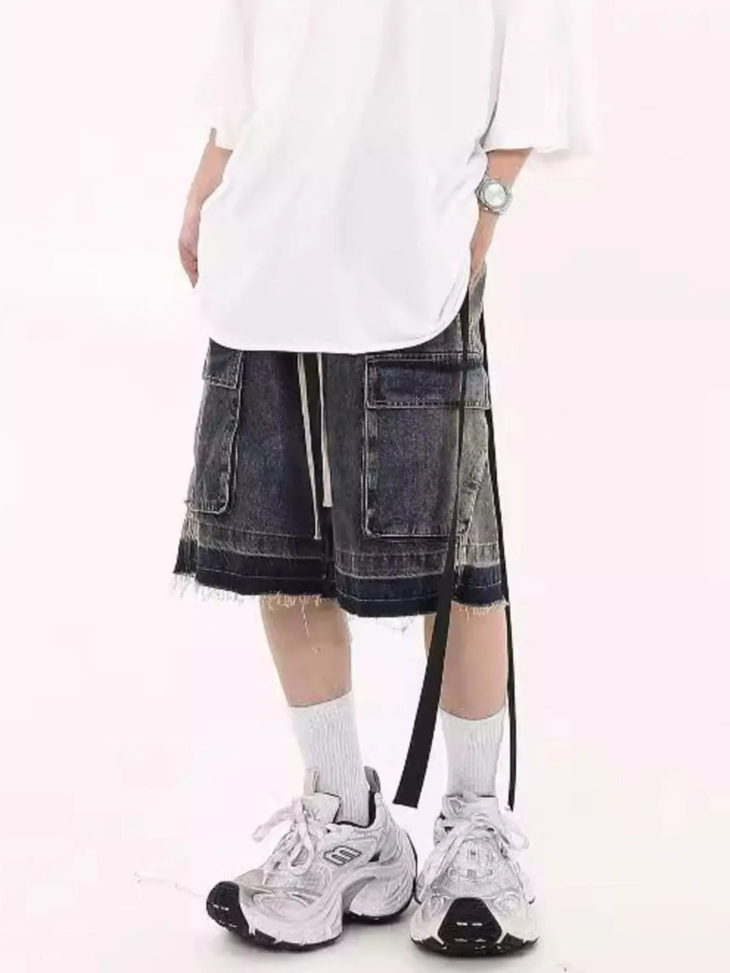 Men's Drawstring Cargo Denim Shorts with Zipper Detail
