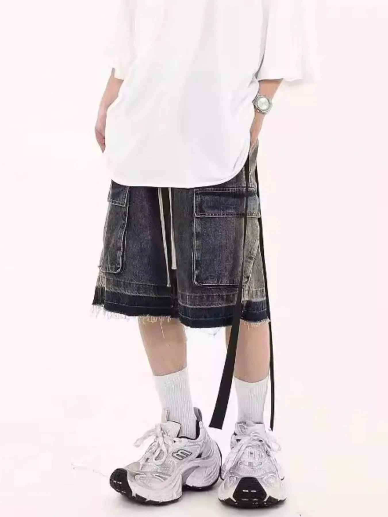 Men's Drawstring Cargo Denim Shorts with Zipper Detail