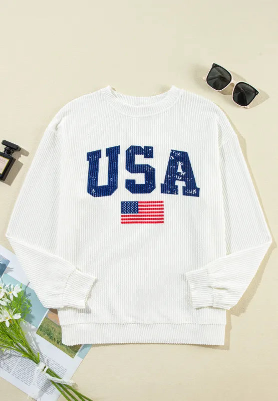 US Flag Corded Texture Long Sleeve Sweatshirt