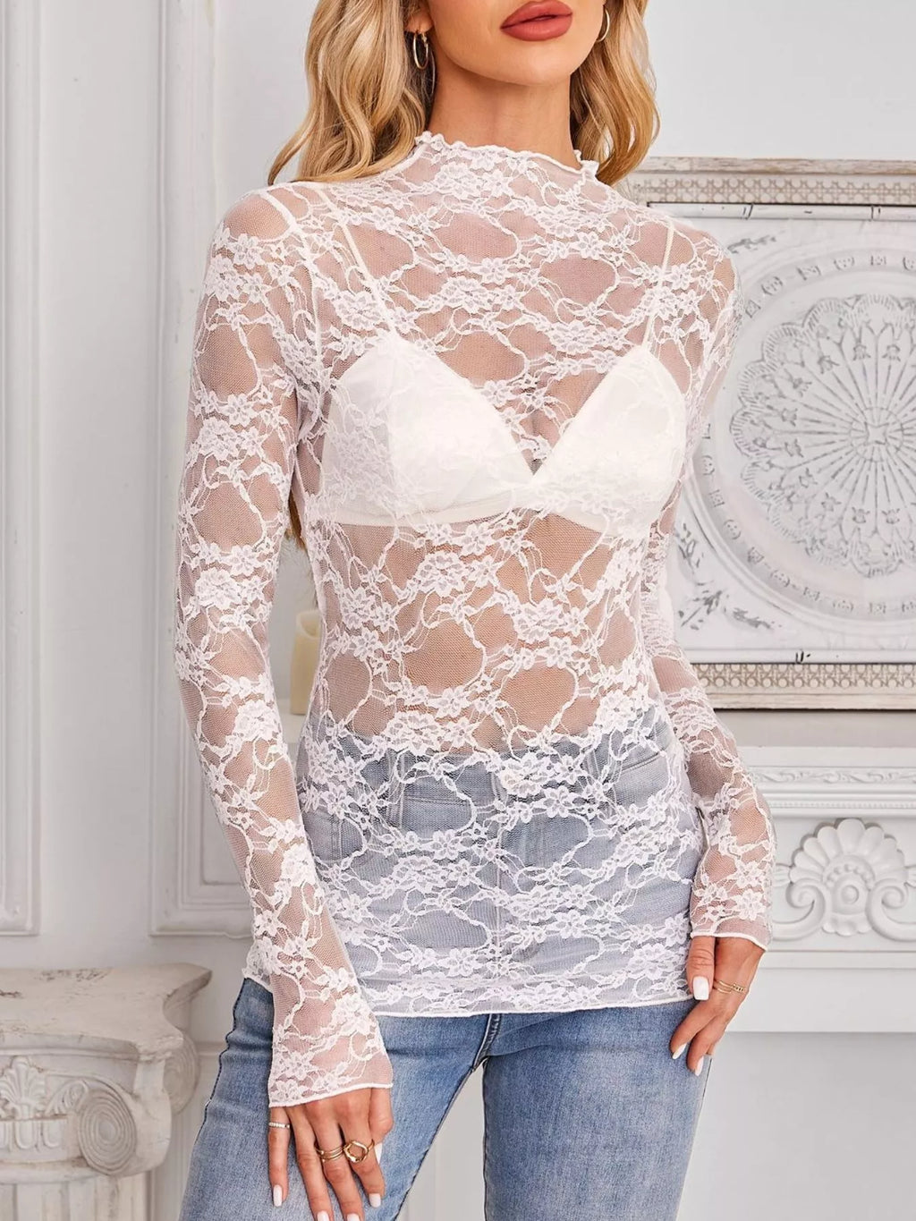 Sheer Floral Lace Long Sleeve Top