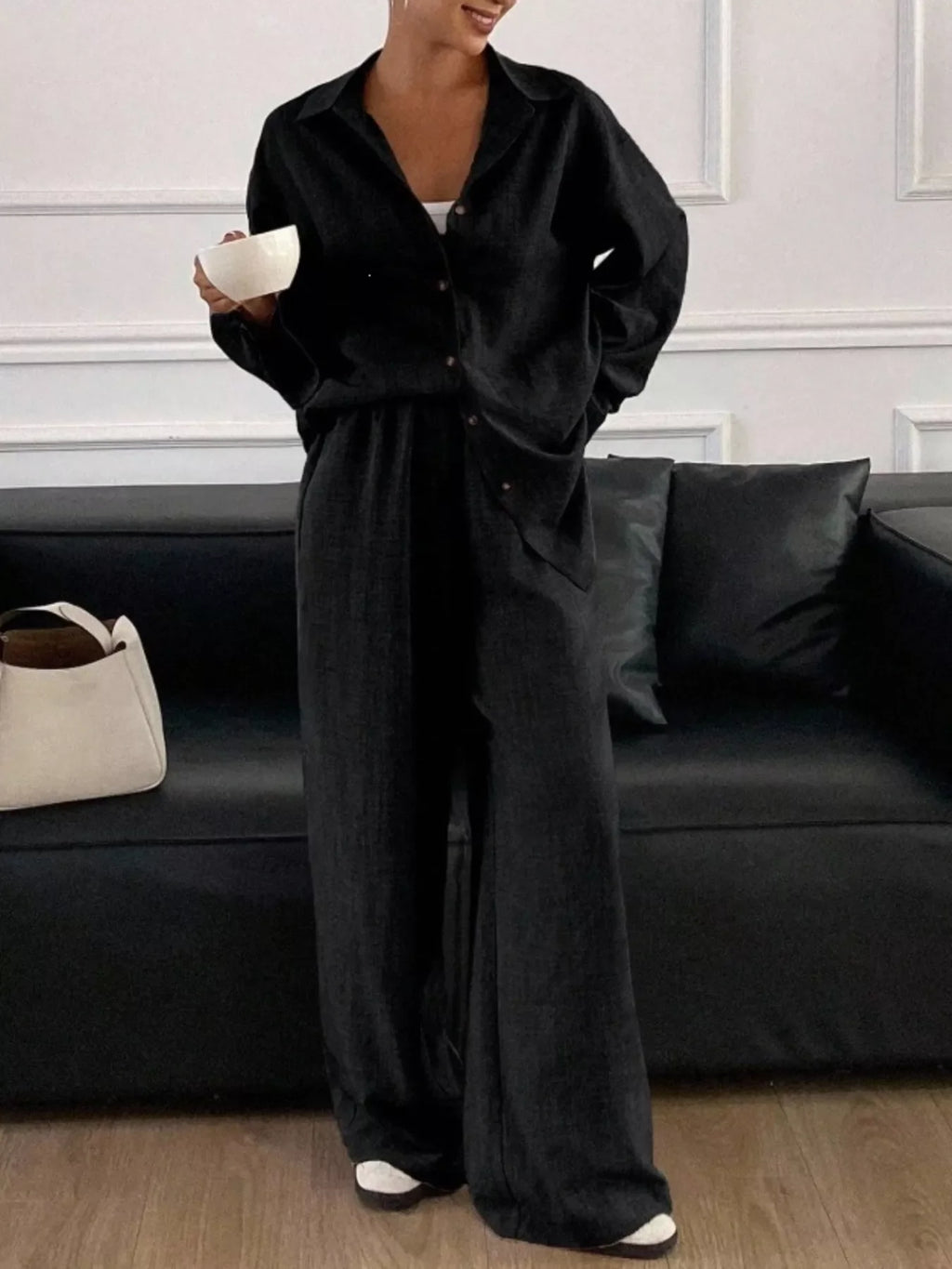 Button-Down Shirt and Wide-Leg Pants Set