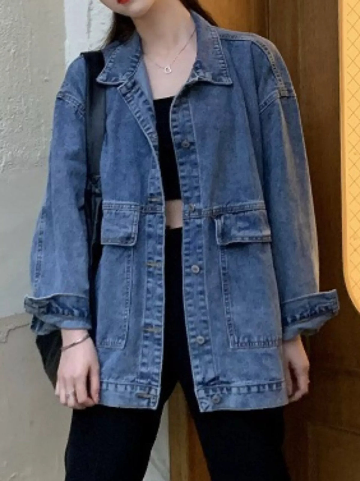 Oversized Wash Denim Jacket with Utility Pockets