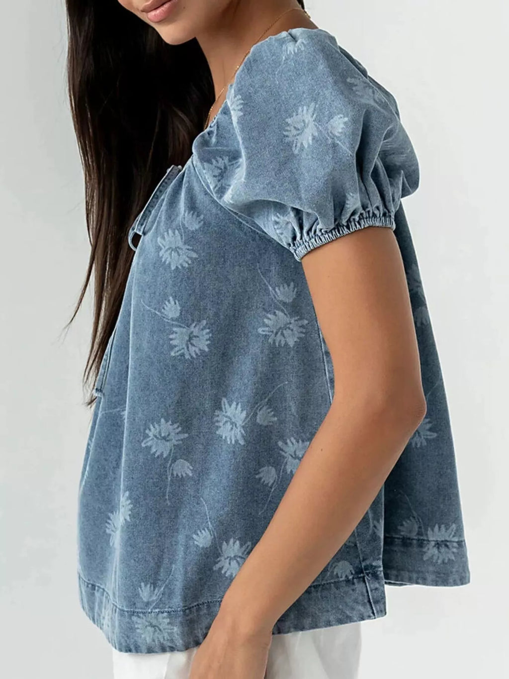 Floral Print Puff Sleeve Denim Top