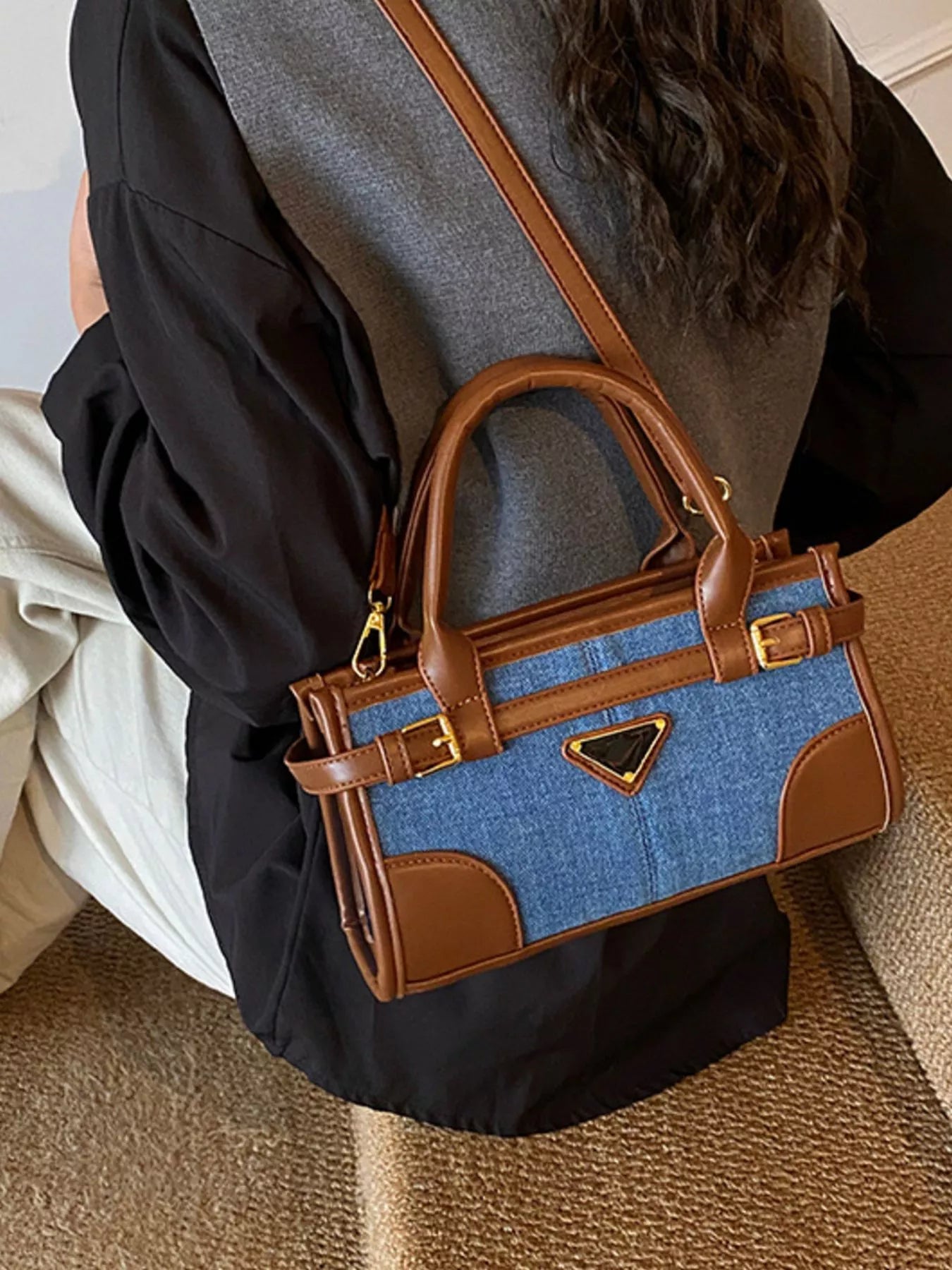 Denim Patchwork Buckle Decor Crossbody Bag