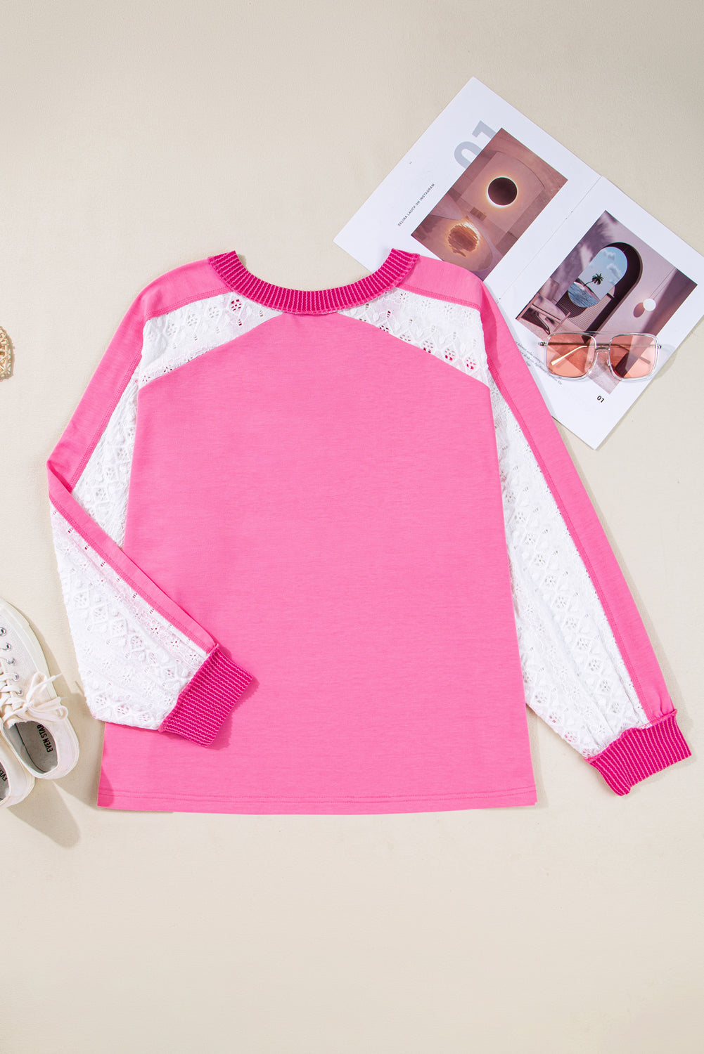 Plus Size Lace Patchwork Long Sleeve V-Neck Top