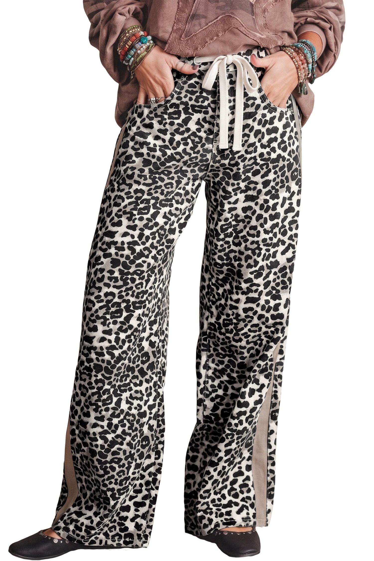 Khaki Leopard Print Drawstring Waist Straight Leg Jeans