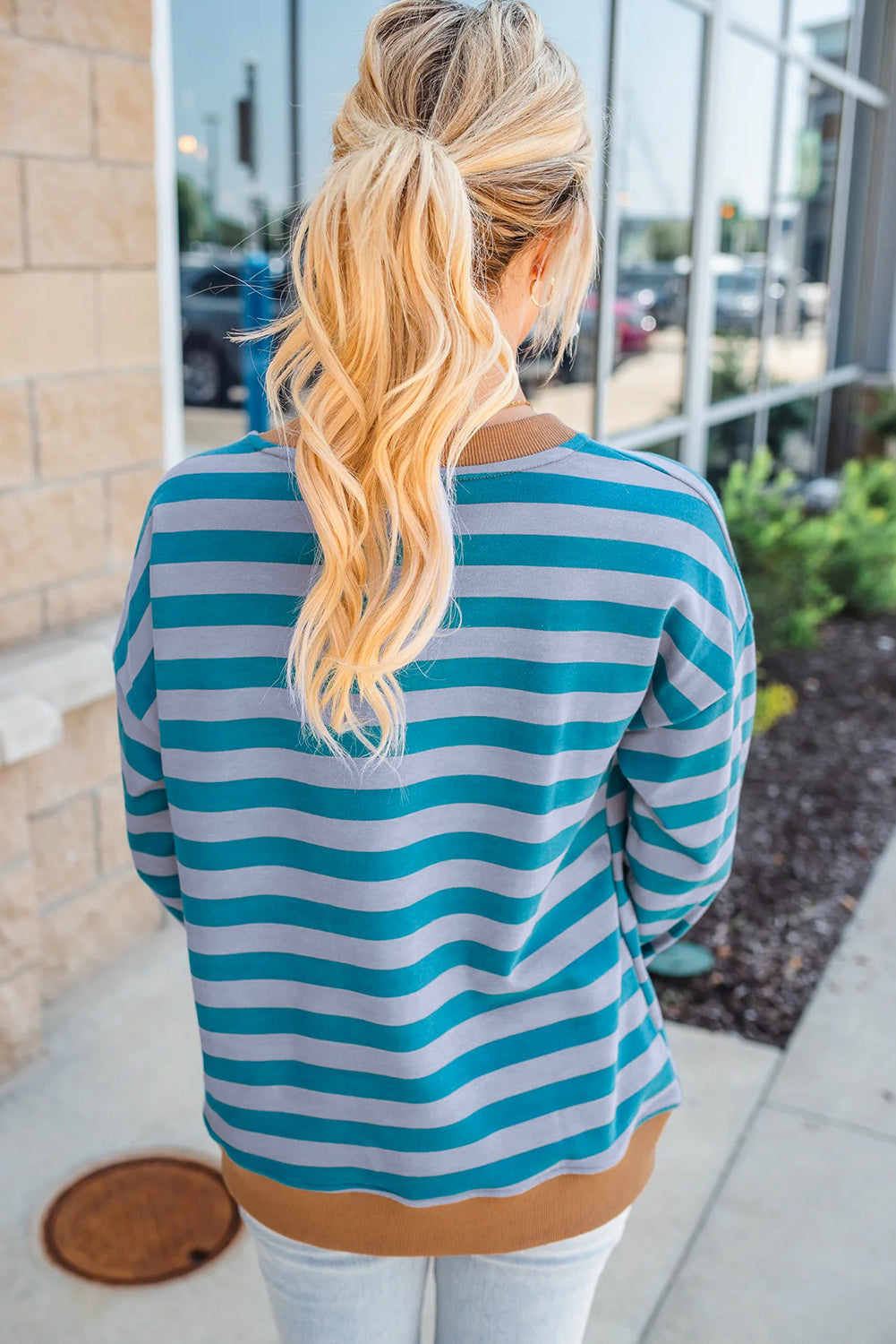 Sky Blue Stripe Contrast Color Ribbed Trim Round Neck Drop Shoulder Sweatshirt