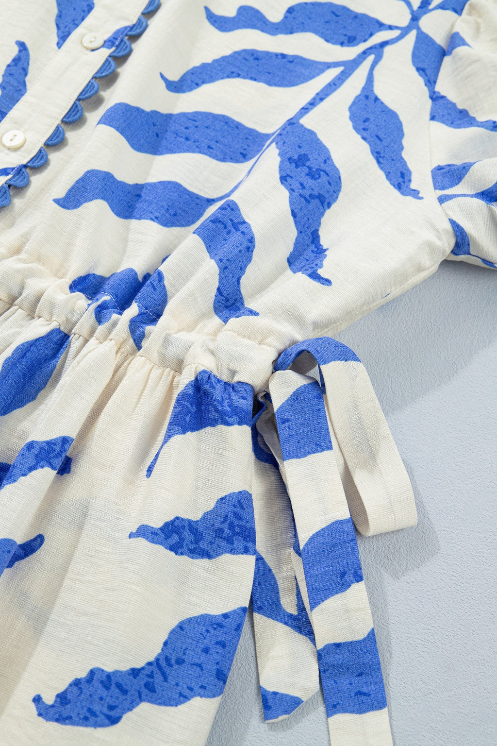 Sky Blue Leafy Botanical Print Side Tie Button Down Maxi Dress