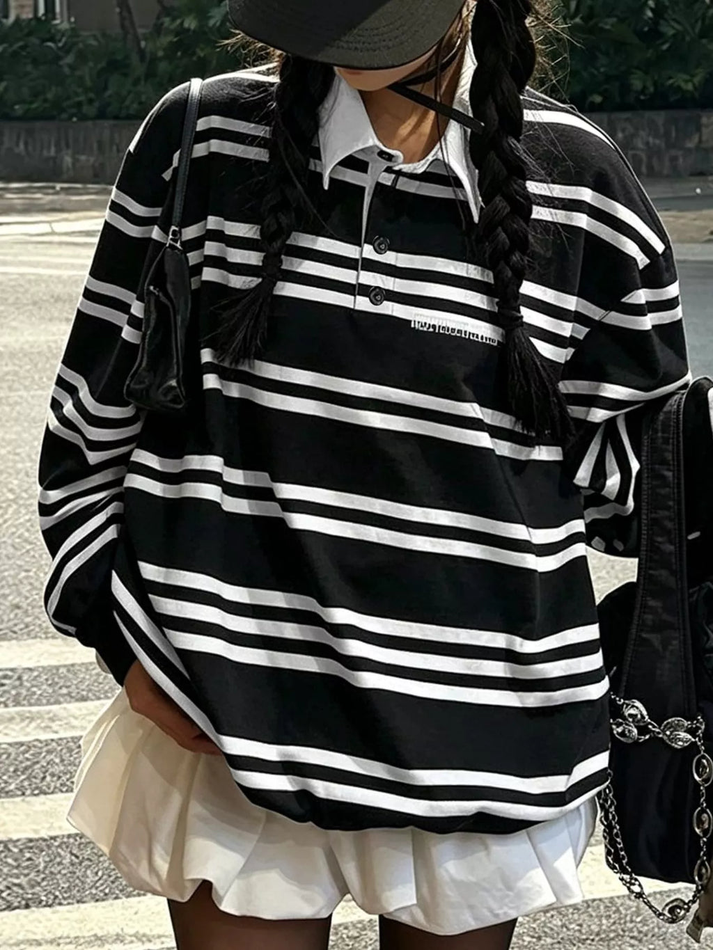 Oversized Striped  Contrast Collar Polo Top