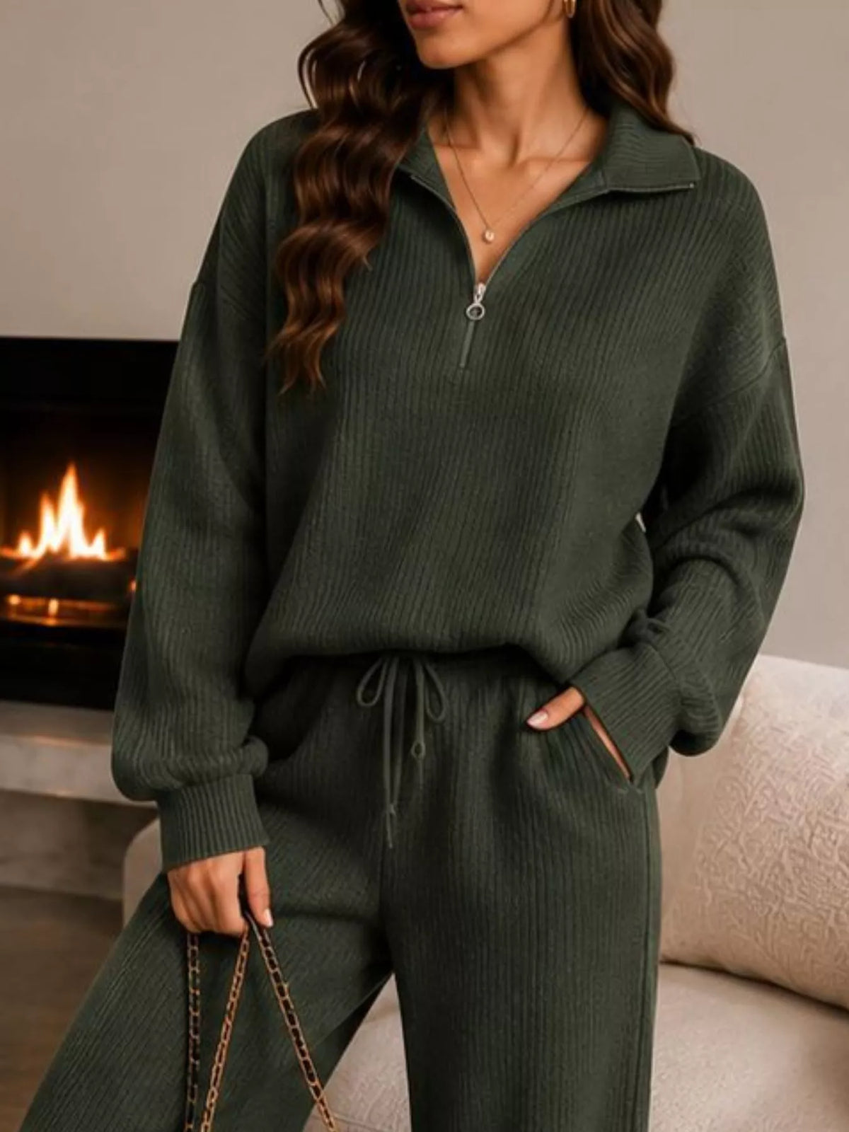 Ribbed Knit Quarter-Zip Top and Wide-Leg Pants Set