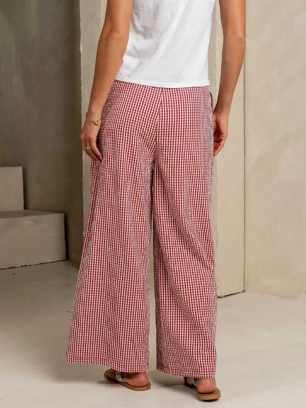 Gingham Wide-Leg Viscose Pants with Drawstring Waist and Pockets