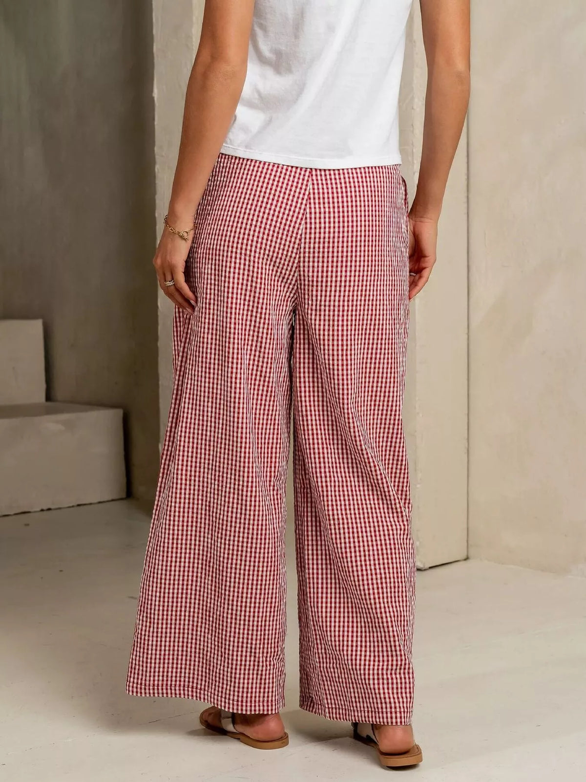 Gingham Wide-Leg Viscose Pants with Drawstring Waist and Pockets