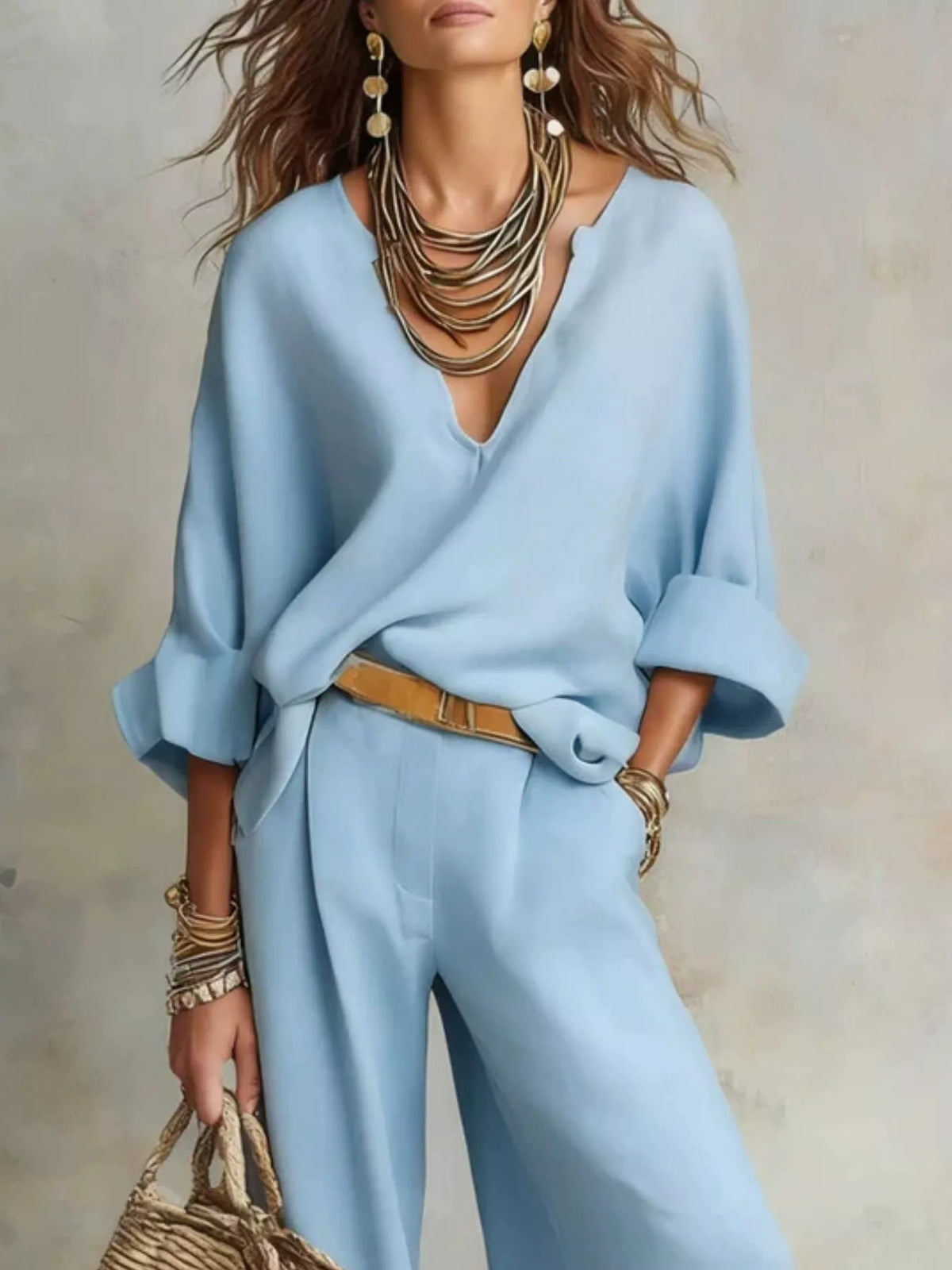 Full Size Loose Fit Top and Wide-Leg Pants Set Plus Size