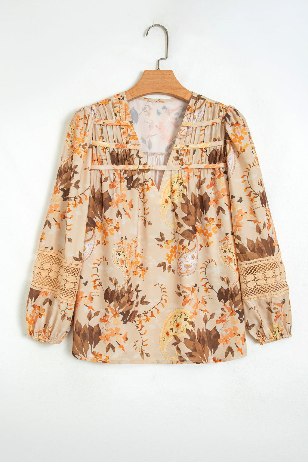 Khaki Paisley Print Decorative Binding Tape V Neck Shift Blouse